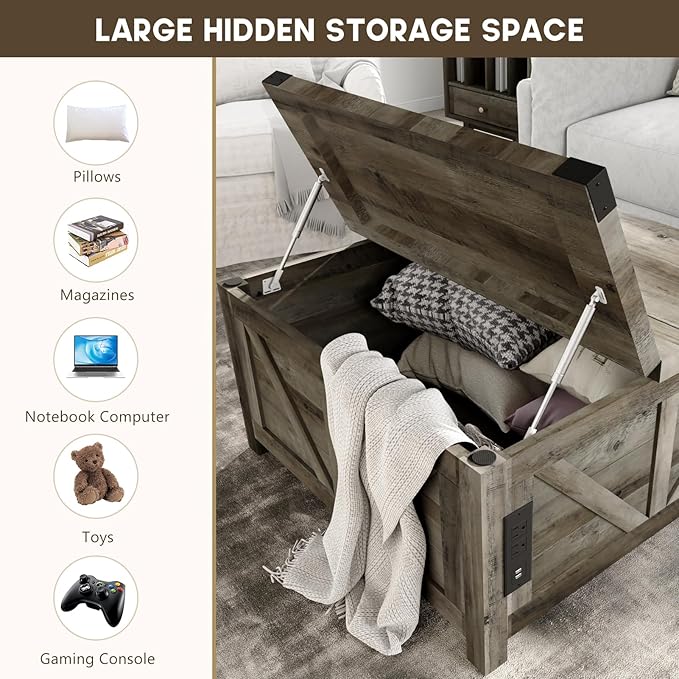 jimeimen Farmhouse Lift Top Coffee Table with Storage, Wood Square Center Table with Charging Station&USB Port, Living Room Table w/Large Hidden Space, for Living Room, Bedroom, Home Office, Grey