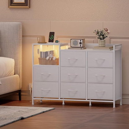 Somdot White Dresser for Bedroom with 8 Drawers,Wide Fabric Night Stand for Storage and Organization with Fabric Bins,Chest of Drawers for Bedroom Chest of Drawers for Living Room Entryway