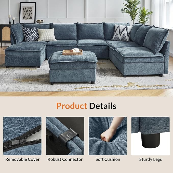 HULALA HOME Oversized Modular Sectional Sofa, 8 Seat U Shaped Couch with Storage Ottoman, Comfy Chenille Sofa with Deep Seat, Convertible Sectional Couches for Living Room, Blue
