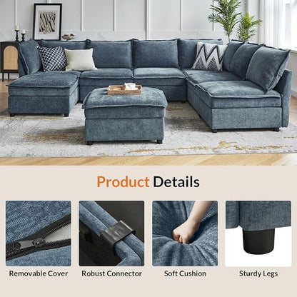 HULALA HOME Oversized Modular Sectional Sofa, 8 Seat U Shaped Couch with Storage Ottoman, Comfy Chenille Sofa with Deep Seat, Convertible Sectional Couches for Living Room, Blue