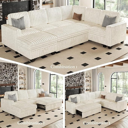 Belffin Corduroy Modular Sectional Sleeper Sofa with Pull Out Bed Small Sectional Couches with Storage for Living Room Apartment Couch. Beige Couch