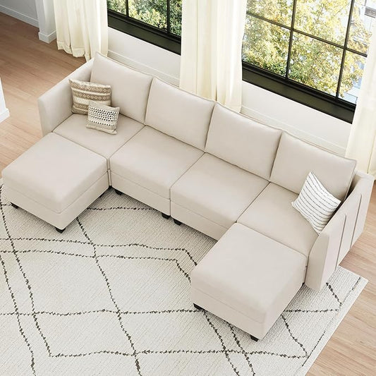Belffin Modular Sectional Sofa U Shaped Couch with Storage Velvet Sectional Couch for Living Room Beige