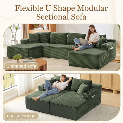 125" Modular Sectional Sleeper Sofa, Boneless Cloud Couch for Living Room, U Shaped 5 Seat Sofa with 2 Storage Pockets& 2 Cup Holders, Free Combination, No Assembly Required (Green, 125")