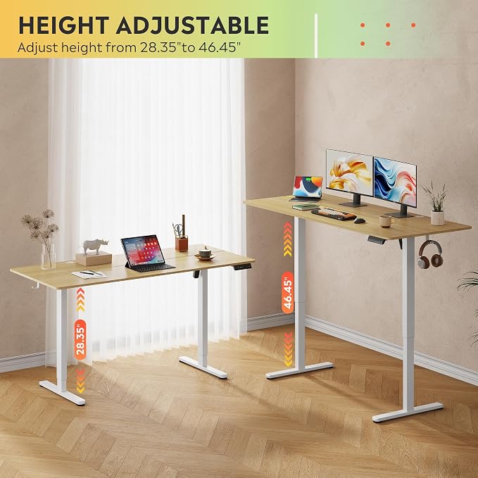 DEVAISE 63 Inch Electric Standing Desk, 3 Adjustable Computer Desk for Home Office, Ergonomic Sit to Stand Desk with LED Touchscreen，Headphone Hook, 3 Memory Preset, with Split Top, Maple