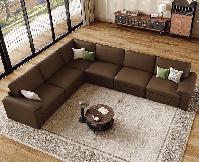 EASE MOOSE Leather Sectional Couch, Oversized Modular Sectional Sofa, Classic Wide Deep Seat Modular Couch, Scratch Resistant Faux Leather Material, L Shaped Sofas for Living Room, Deep Brown
