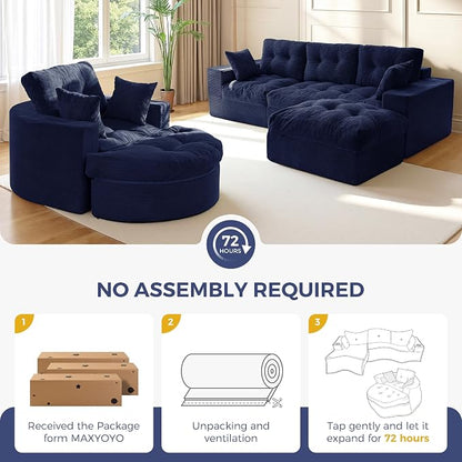 MAXYOYO L Shape Sectional Sofa Couch and Round Chaise Lounge, Modern Cloud Couch with Ottoman, Comfy Sofa with Layered Cushion, Tufted Upholstered Chair for Living Room, No Assembly Required