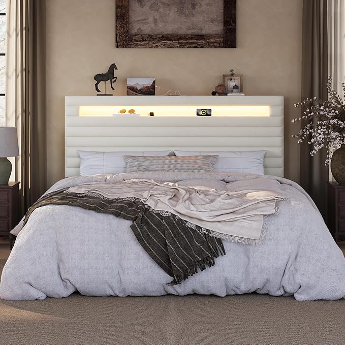 SHA CERLIN King Bed Frame with LED Light & 2-Tier Storage Shelf, Velvet Upholstered Adjustable Headboard with Charing Station, Horizontal Channel Tufted, No Box Spring Needed, Easy Assembly, Cream