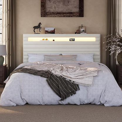SHA CERLIN King Bed Frame with LED Light & 2-Tier Storage Shelf, Velvet Upholstered Adjustable Headboard with Charing Station, Horizontal Channel Tufted, No Box Spring Needed, Easy Assembly, Cream