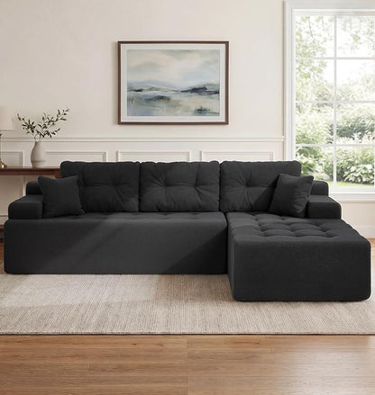 Hobestluk Modular Sectional Sofa Couches L-Shape Couch 3 Seat Modular Sofa Memory Foam Sectional Couches for Living Room, Cloud Couch with Oversized Chaise (Black Tufted, 108", Right Hand Facing)