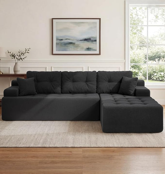 Hobestluk Modular Sectional Sofa Couches L-Shape Couch 3 Seat Modular Sofa Memory Foam Sectional Couches for Living Room, Cloud Couch with Oversized Chaise (Black Tufted, 108", Right Hand Facing)