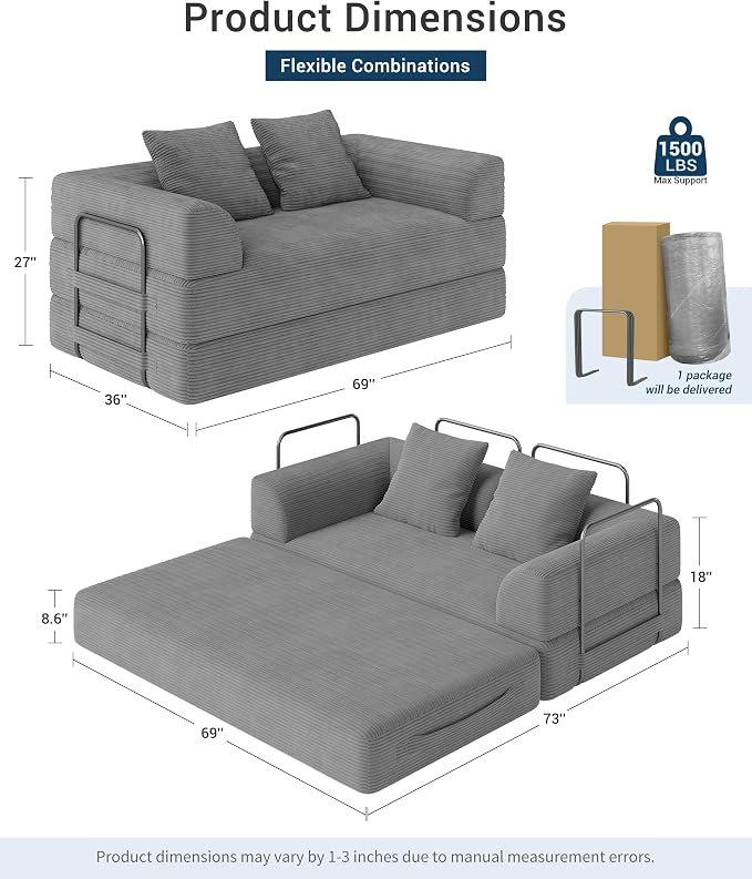 Living&Giving Convertible Boneless Couch, 5-in-1 Foldable Floor Futon Sofa Bed, 70" Corduroy Loveseat Sleeper with High-Density Foam & Firm Support for Small Apartment, Medium Gray