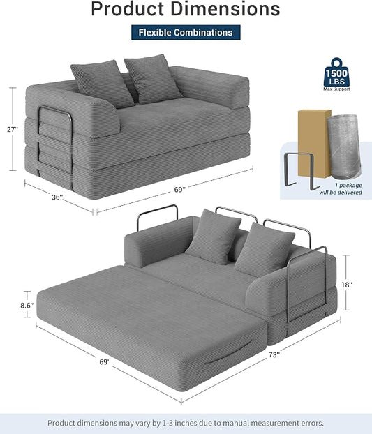 Living&Giving Convertible Boneless Couch, 5-in-1 Foldable Floor Futon Sofa Bed, 70" Corduroy Loveseat Sleeper with High-Density Foam & Firm Support for Small Apartment, Medium Gray