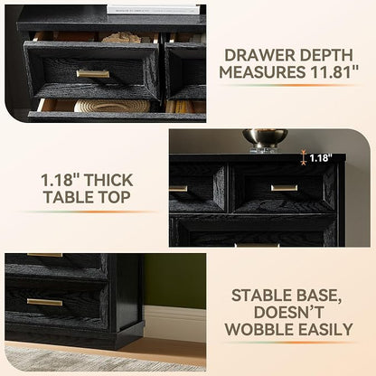 7 Drawer Dresser for Bedroom, 53.5" Wide Wooden Closet Organizers, Modern Oak Chest of Drawers with Metal Handle, Large Storage Dresser TV Stand for LivingRoom Office, Entryway (Black)