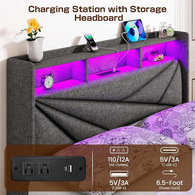 Driftalia LED King Size Bed Frame with 4 Storage Drawers, Upholstered King Bed Frame with 2-Tier Headboard and Charging Station, No Box Spring Needed, Easy to Assembly - Dark Grey