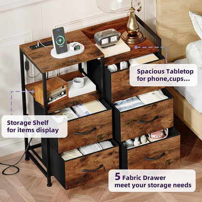 Somdot Nightstand with Charging Station and LED Light, Wide 5 Drawers Dresser for Bedroom with Fabric Bins and Open Shelf for Bedroom Kids Closet Dorm Guest Room, Wood Grain Print