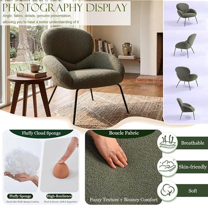 Accent Chair, Cloud Accent Chair for Bedroom, Boucle Fabric (Green) | Comfy Bedroom Chair with Love Back and Sturdy And Durable Solid-Wood Frame/ Study Room / Bedroom / Living Room /(Cream Style)