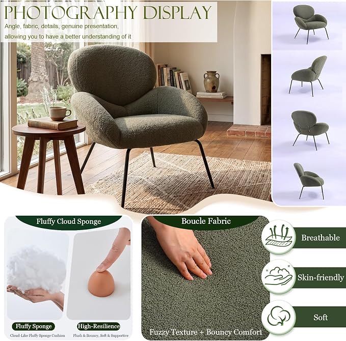 Small Accent Chair Set of 2,Sherpa Chair with Love Back, Boucle Chairs with Metal Legs, Comfy Modern Reading Chairs/Sherpa Accent Chair with Thick High-Elastic Sponge/Cream Style Room (Green)