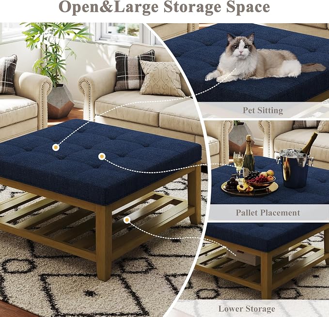 Befurtori Large Square Ottoman Coffee Table, Linen Solid Upholstered Footrest Ottoman with Solid Wood Shelf Storage Tufted Coffee Table for Bedroom Living Room, Navy Blue