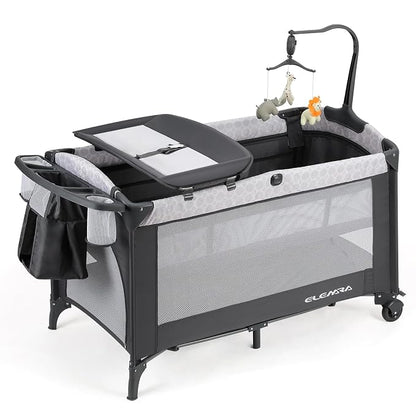 ELEMARA Baby Bassinet Bedside Crib with Diaper Changer, Pack and Play with Mattress for Baby，4 in 1 Playpen Travel Bed with Storage,Playard with Adjustable Height