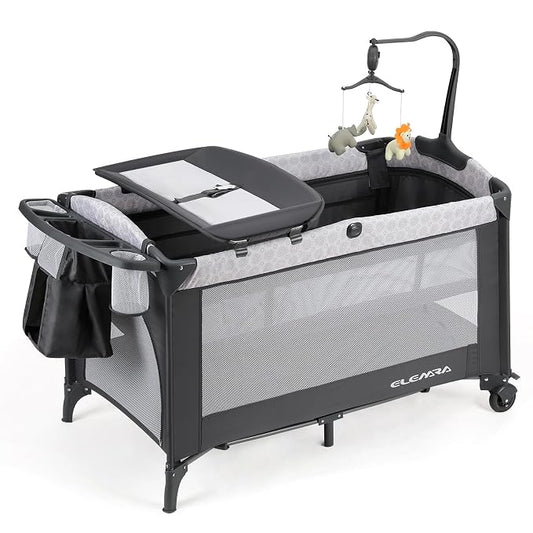 ELEMARA Baby Bassinet Bedside Crib with Diaper Changer, Pack and Play with Mattress for Baby，4 in 1 Playpen Travel Bed with Storage,Playard with Adjustable Height
