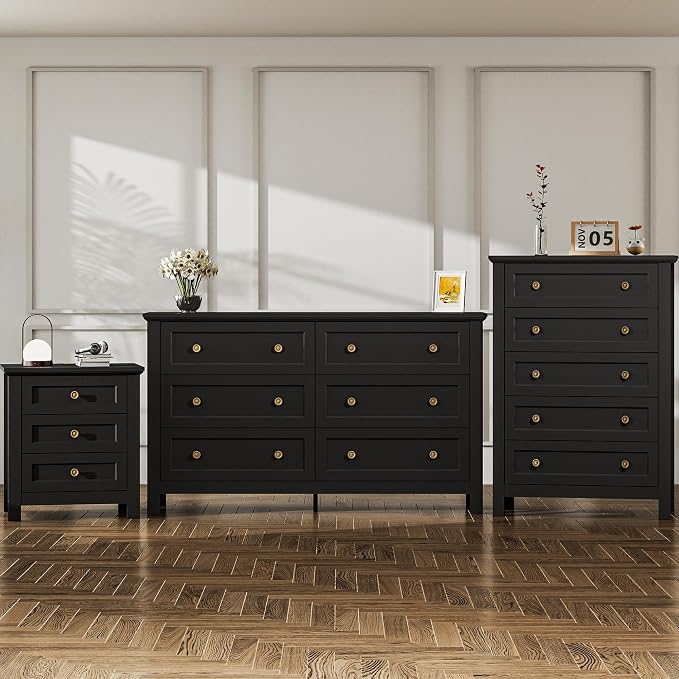 Farmhouse Dresser Nightstand Sets, 3-Piece Bedroom Furniture Set for Home | 5/6 Drawer Dresser Closet & 3 Drawer Nightstand, Chest of Drawers for Bedroom, Living Room, Entryway, Black