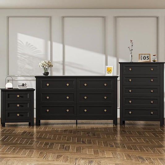 Farmhouse Dresser Nightstand Sets, 3-Piece Bedroom Furniture Set for Home | 5/6 Drawer Dresser Closet & 3 Drawer Nightstand, Chest of Drawers for Bedroom, Living Room, Entryway, Black
