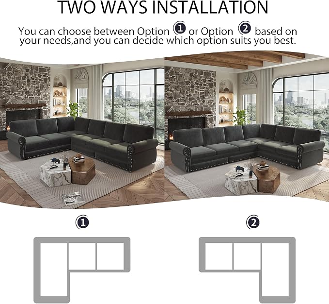 118" L-Shaped Sleeper Couch Bed - Oversize Convertible with Pull-Out Sofa Bed, Button Tufted Chesterfield Sofa, Chenille Sectional Vintage Couches for Living Room/Apartment(6-Seater, Dark Grey)