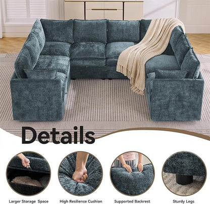 105" Blue Oversized Modular Storage Sofa, U Shaped Chenille Cloud Couch | Oversized Convertible Sectional Sofa, 8-Seat Sectional Couch With Armrests, Large Cloud Couch For Living Room, Apartment.