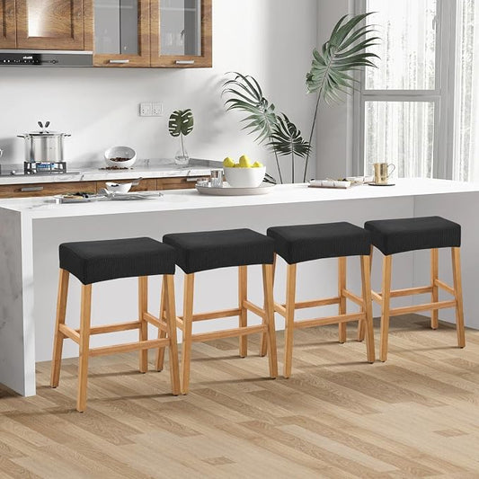 YISUN Stool Covers Rectangle - 4 Pack Stretch Waterproof Saddle Seat Cover Counter Bar Stools Bar Chairs Covers Kitchen Island Chairs Cushion Protector (4, Black)