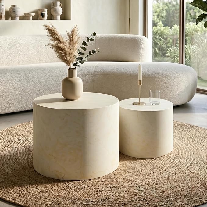 Nesting Round Coffee Table Set of 2, Accent End Table for Small Spaces, Morden Drum Side Table, Wooden Circle Center Table for Living Room, Fully Assembled - Faux Marble