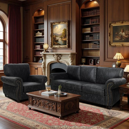 Couchus Living Room Furniture Sets,Sofa Sets and Couch Sets for Living Room,Mid-Century Vintage Sofa Couches with Rivet Design (Grey, Single+3 Seater)