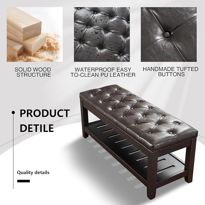 adochr PU Leather Large Rectangular Ottoman with Storage, Upholstered Entryway Bench for Living Room, Oversized Button Tufted Ottoman with Wood Shelf Storage, Dark Brown