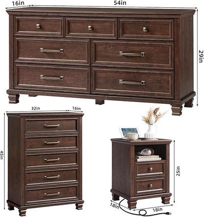 SAVOR LIFE Farmhouse Dresser and Nightstand Sets 3 Piece, 5/7 Drawer Dresser & 2 Drawer Nightstand Set, Rustic Wood Bedroom Furniture Set for Home, Bedroom, Hallway, Walnut