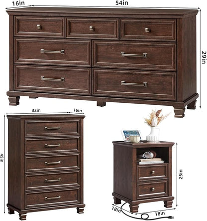 SAVOR LIFE Farmhouse Dresser and Nightstand Sets 4 Piece, 5/7 Drawer Dresser & 2 Drawer Nightstand Set, Rustic Wood Bedroom Furniture Set for Home, Bedroom, Hallway, Walnut