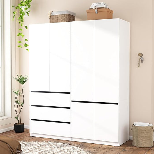 Armoire Wardrobe Closet with Drawers：75" Large White Wardrobe Closet Cabinet with 4 Doors for Hanging Clothes, Modern Wooden Bedroom Armoires with 3 Drawers and Storage (B+C, 63")