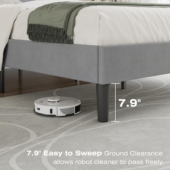 VECELO Full Size Bed Frame with Upholstered Headboard, Heavy-Duty Bedframe with Strong Wooden Slats Support, No Boxing Spring Needed, Light Grey