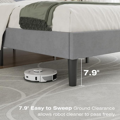 VECELO Queen Size Bed Frame with Upholstered Headboard, Heavy-Duty Bedframe with Strong Wooden Slats Support, No Boxing Spring Needed, Light Grey