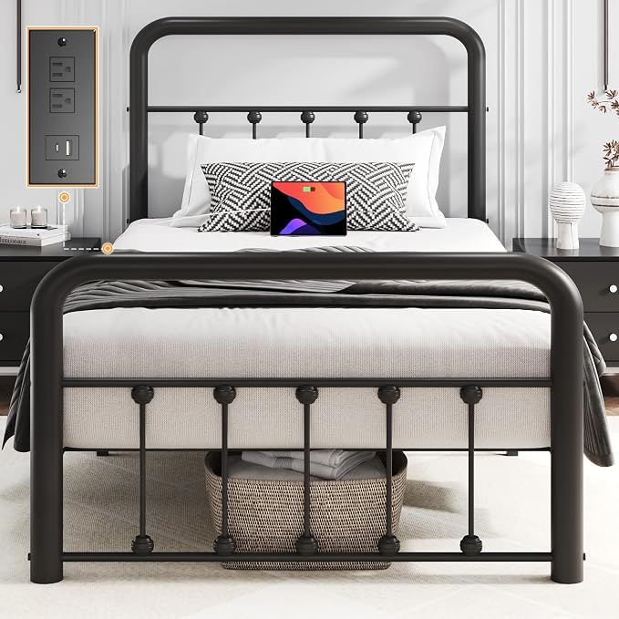 Fluest 14 Inch Twin Bed Frame Classic Metal Platform Bed Frame with Charging Station & LED, Victorian Style Iron-Art Headboard/Footboard, Under Bed Storage, No Box Spring Needed, Noise Free