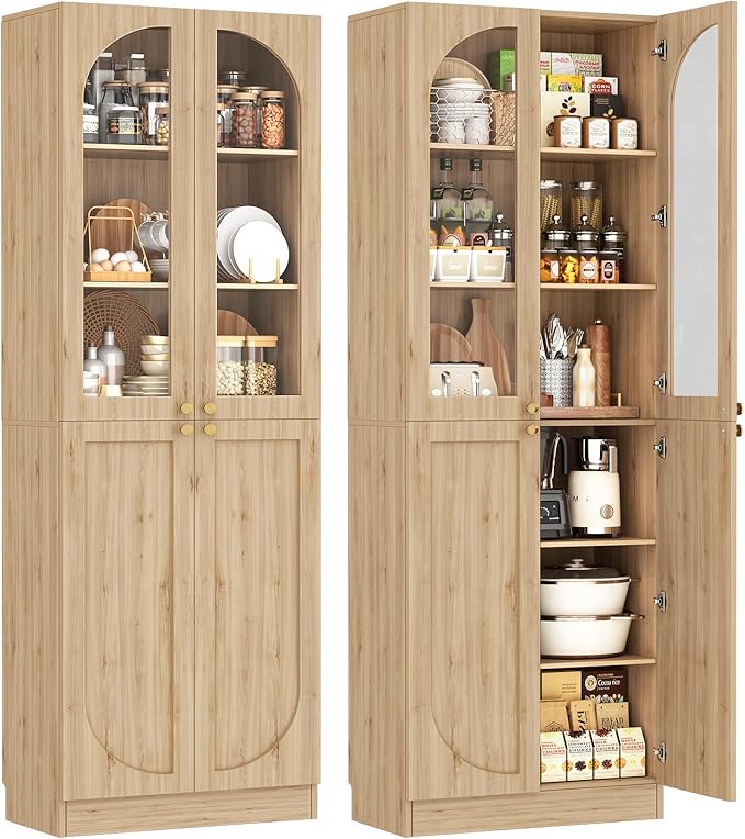 Cyclysio 80" Kitchen Pantry, Tall Arch Storage Cabinet with Tempered Glass & Soft Close Doors, Freestanding Wood Floor Cupboard Bookcase with Seamless Fit Wall for Dining Room, Living Room, Bathroom