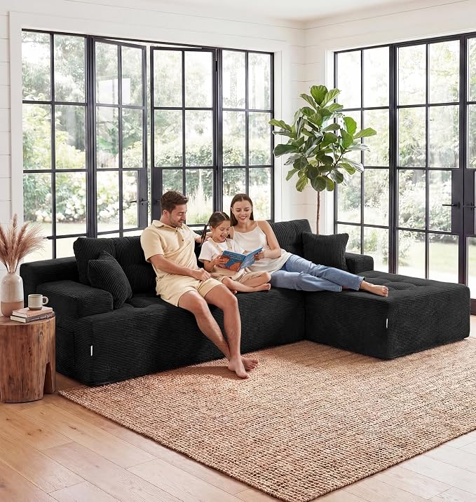 Hobestluk Modular Sectional Sofa Couches L-Shape Couch 3 Seat Modular Sofa Memory Foam Sectional Couches for Living Room, Cloud Couch with Oversized Chaise (Ebony Corduroy, 96", Right Hand Facing)