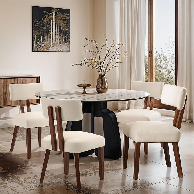 MOJAY Mid Century Modern Dining Chairs Set of 6, Farmhouse Linen Fabric Kitchen Chair Side Chairs with Curved Backrest for Kitchen, Dining Room, Restaurant, or Patio, Off-White