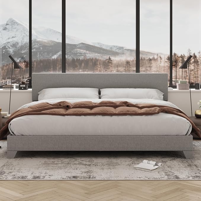 Allewie King Size Platform Bed Frame with Adjustable Upholstered Headboard, Strong Wood Slats, Heavy Duty Mattress Foundation, No Box Spring Needed, Noise-Free, Easy Assembly, Light Grey