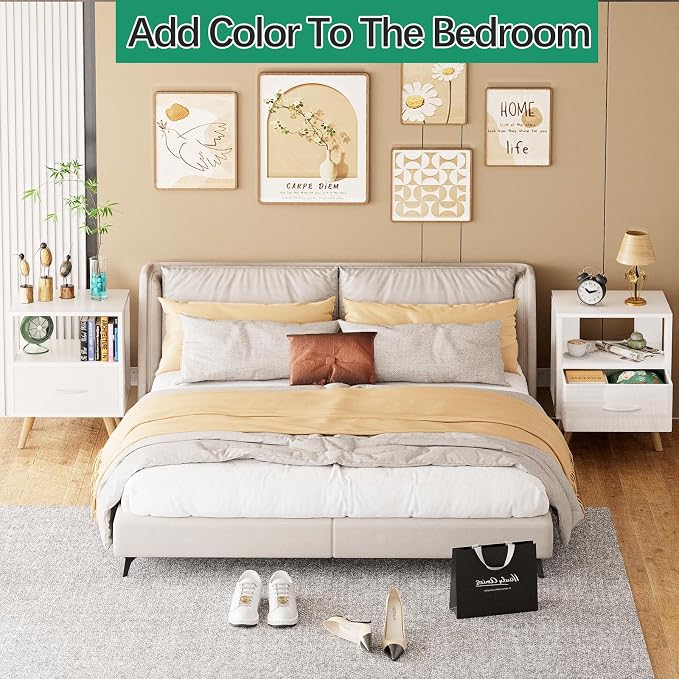 Aenuert Night Stand, White Kids Nightstand with Drawer, Nursery Side Table with Open Storage, 2-Tier Modern End Table, Bedside Table for Small Space, Living Room, Bedroom