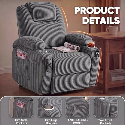 Flamaker Power Lift Chair Massage Recliner Chairs for Elderly, Corduroy Ergonomic Design with Cup Holders & Side Pockets, Remote Control (Dark Gray)