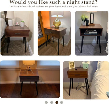 HAIOOU Nightstands Set of 2 with Charging Station, Mid Century Modern Bedside Table, End Table with Drawer Storage, Solid Pine Wood Legs, Walnut Night Stand for Bedroom Living Room