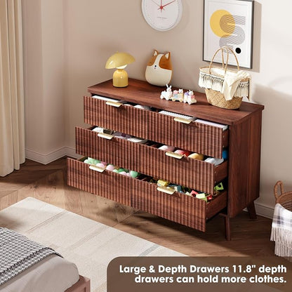 GarveeHome Fluted Dresser for Bedroom with 6 Deep Drawers, 47.2 in Wide Modern Chest of Drawers, Wooden Dresser TV Stand, Curved Profile Design, for Living Room, Kids Room, Hallway, Walnut