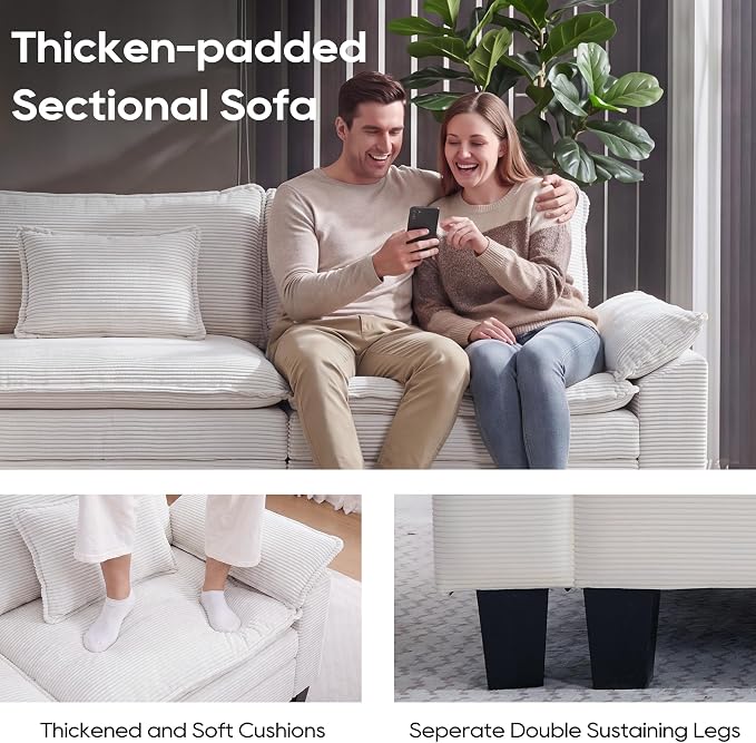 URRED Oversized Modular Sectional Sofa, 87" L Shaped Modern Comfy Cloud Couch with Movable Ottoman & Pillows, Deep Seat Couches for Living Room, Bedroom or Apartment (Corduroy Beige, 87" L Shaped)
