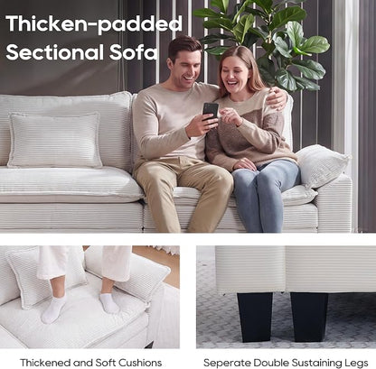 URRED Oversized Modular Sectional Sofa, 87" L Shaped Modern Comfy Cloud Couch with Movable Ottoman & Pillows, Deep Seat Couches for Living Room, Bedroom or Apartment (Corduroy Beige, 87" L Shaped)