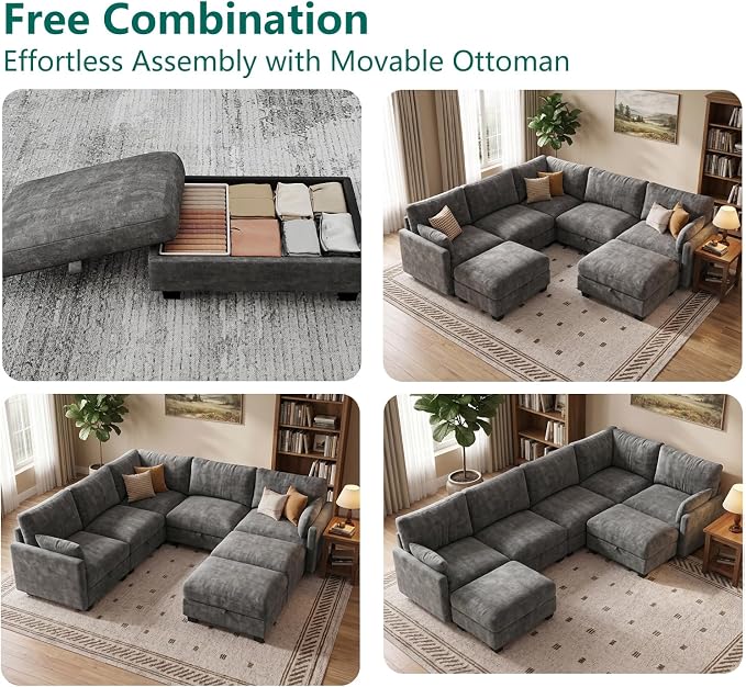Modular Sectional V Shaped Sofa Couches for Living Room, Cloud Couch with Storage Ottoman, Comfy Chenille Sofa with Pillow, Dark Gray