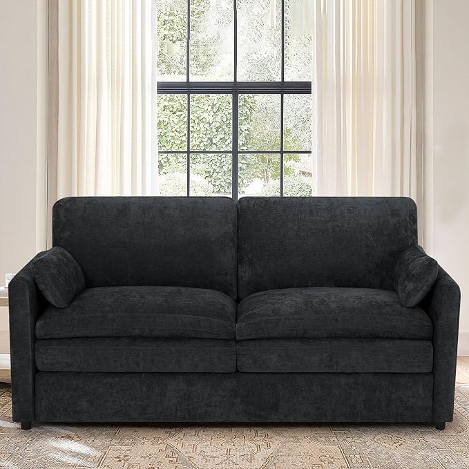 69” Chenille Love seat Sofa w/Arm Pillows, Upholstered 2 Seater Sofa w/Comfortable Back Cushions, Modern 2 Seats Couch w/High-Density Foam for Living Room, Apartment, Office, Black